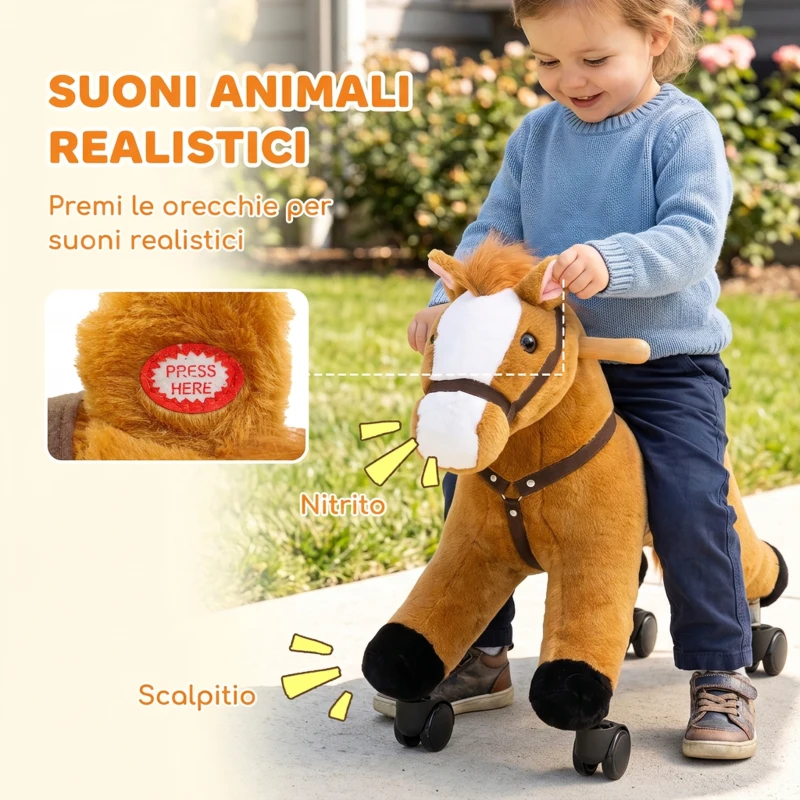 AIYAPLAY Cavallo Cavalcabile per Bambini con Suoni Realistici, Ruote Scorrevoli, Carico 50kg, 18-36 Mesi, Marrone