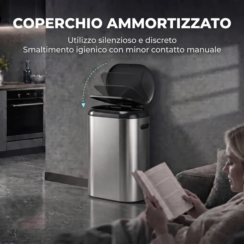 HOMCOM Pattumiera Automatica con Sensore a Infrarossi 50 L in Acciaio Inox Anti-Impronta, Chiusura Ammortizzata, Argento