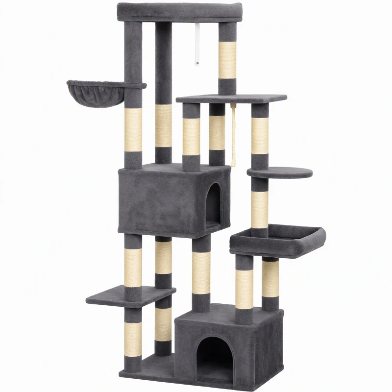 PawHut Tiragraffi per Gatti Alto 180 cm Multilivello, 13 Pali, 2 Casette, Amaca, Lettini, Grigio Scuro