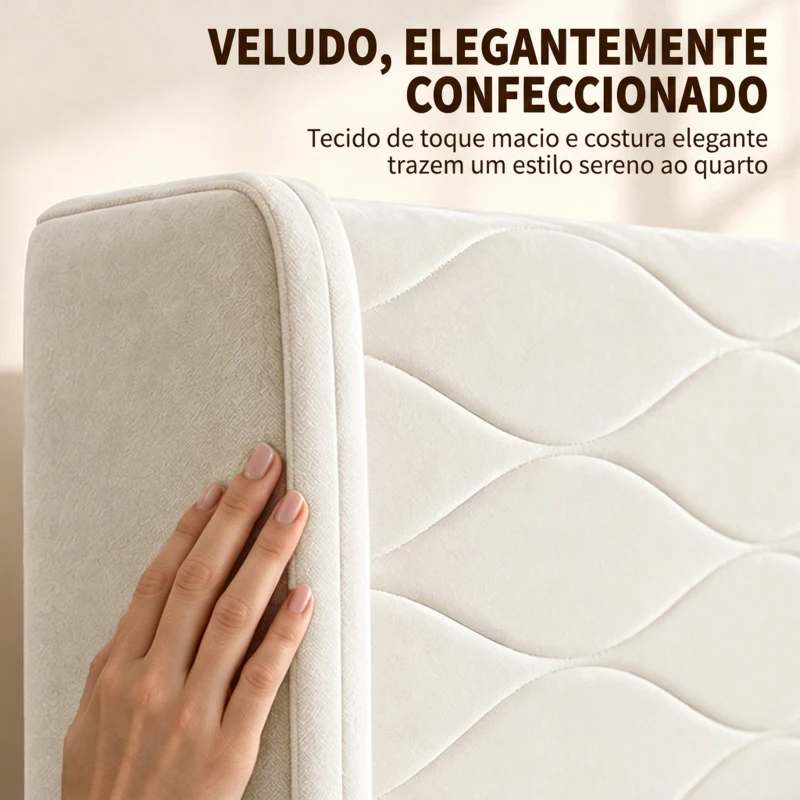 HOMCOM Cama Estofada 140x200 cm com Cabeceira Acolchoada com Abas em Veludo, Ripas de Madeira, Montagem Fácil, Bege