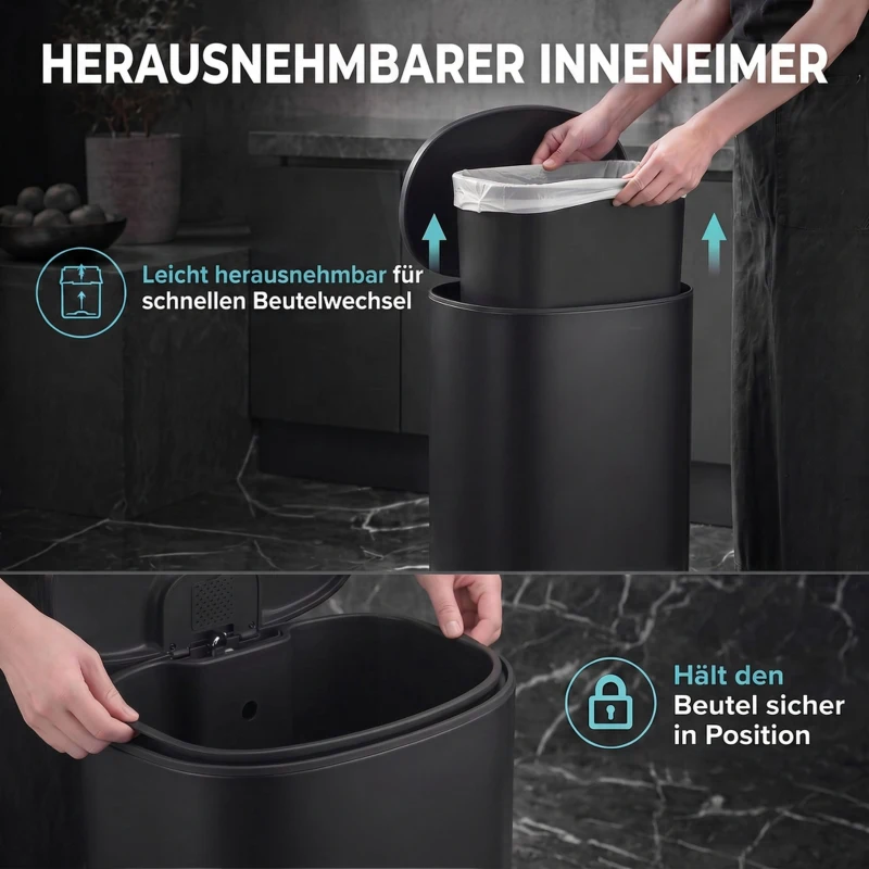 HOMCOM 40 L keuken-pedaalemmer met soft-close, open-blijfstand, uitneembare binnenemmer en RVS behuizing, zwart