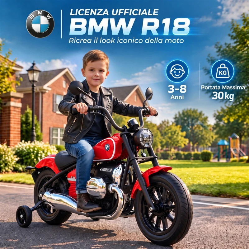 AIYAPLAY Moto Elettrica per Bambini 12V BMW R18, Batteria al Litio, 3-8 Anni, Rotelle Rimovibili, Faro, Musica, Rossa