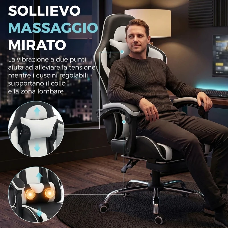 HOMCOM Sedia Gaming Ergonomica Massaggiante con Cuscino Lombare Regolabile, Finta Pelle, Poggiapiedi, Bianco