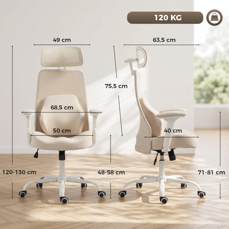 HOMCOM Silla de Escritorio Ergonómica Cojín Lumbar de Espuma Viscoelástica Reposacabezas 3D Reposabrazos Ajustables Beige