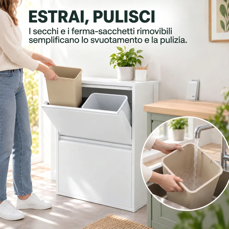 HOMCOM Pattumiera Differenziata a Ribalta 4x15L in Acciaio, 4 Secchi Rimovibili, Chiusura Ammortizzata, Bianco