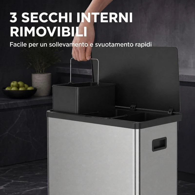 HOMCOM Pattumiera Automatica con Sensore 54L, 3 Scomparti, Secchi Interni Rimovibili, Acciaio Inox, Argento