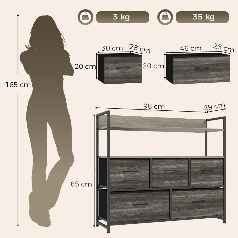 HOMCOM Cajonera de Tela Cómoda de Dormitorio con 5 Cajones y Estantes Estructura de Acero Estilo Industrial Gris