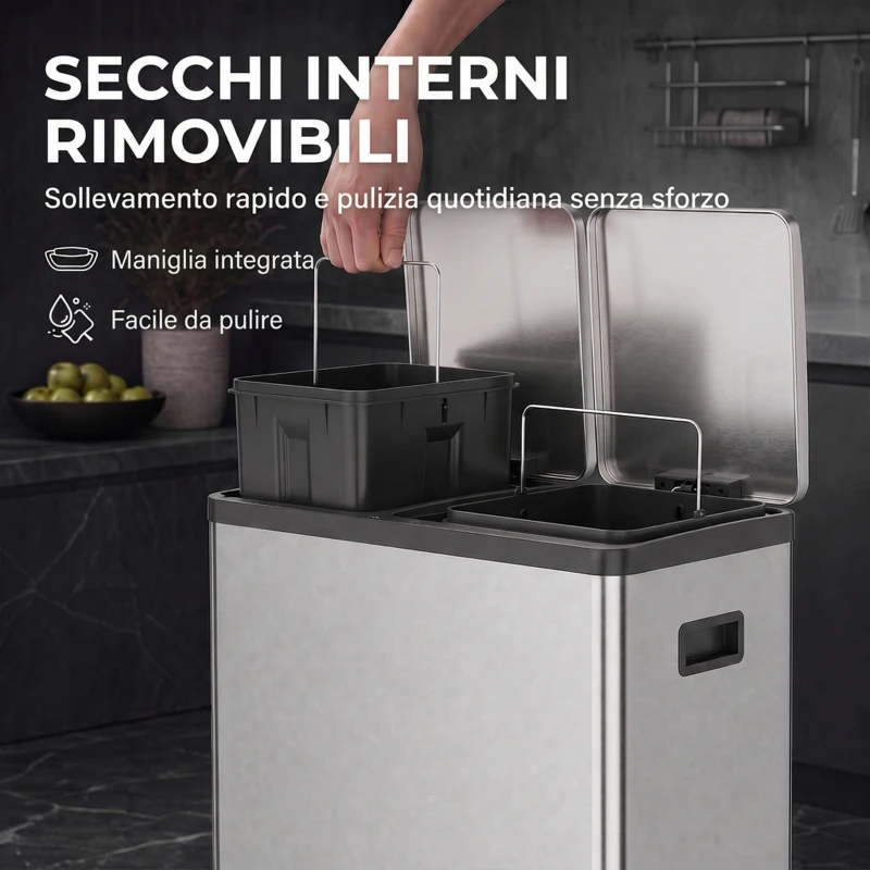 HOMCOM Pattumiera a Pedale 2 x 30L in Acciaio Inox con Secchi Estraibili e Chiusura Ammortizzata, Argento