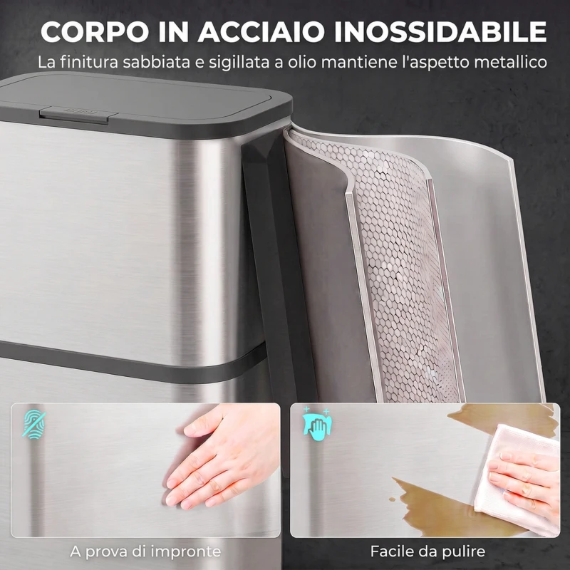 HOMCOM Pattumiera Rettangolare 60L in Acciaio Inox con Coperchio, Chiusura Ammortizzata, Fermasacco, Argento