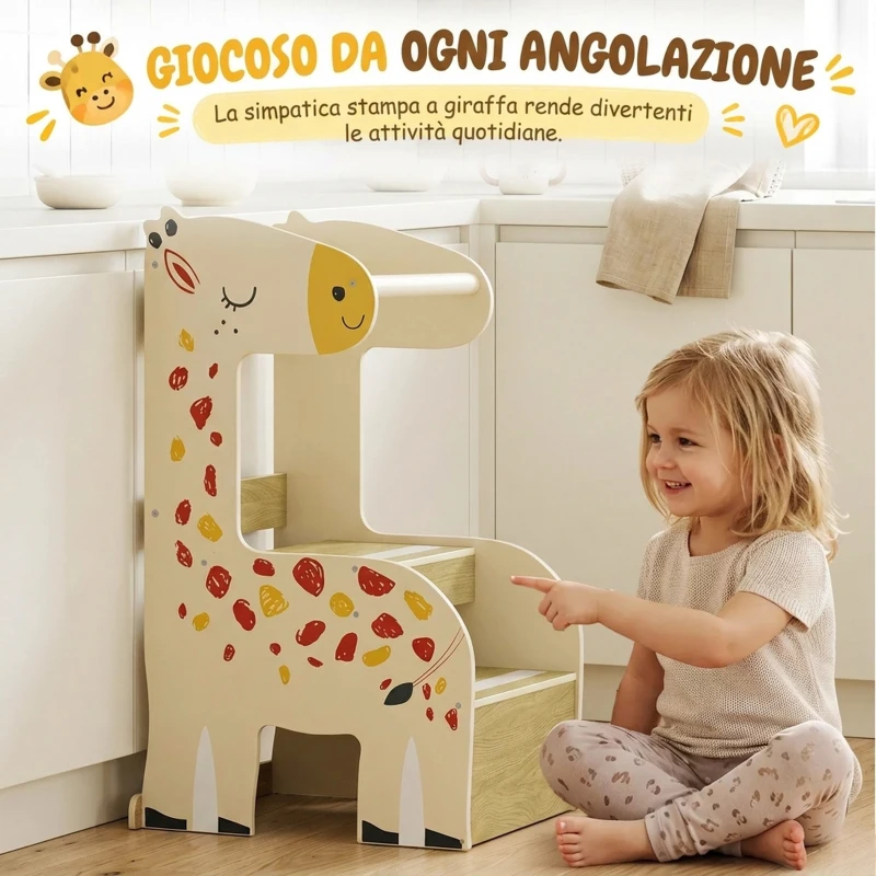 AIYAPLAY Torre Montessoriana Bambini in Legno, Antiscivolo, Barre di Sicurezza, Design a Giraffa, 3-8 Anni, Cucina, Bagno