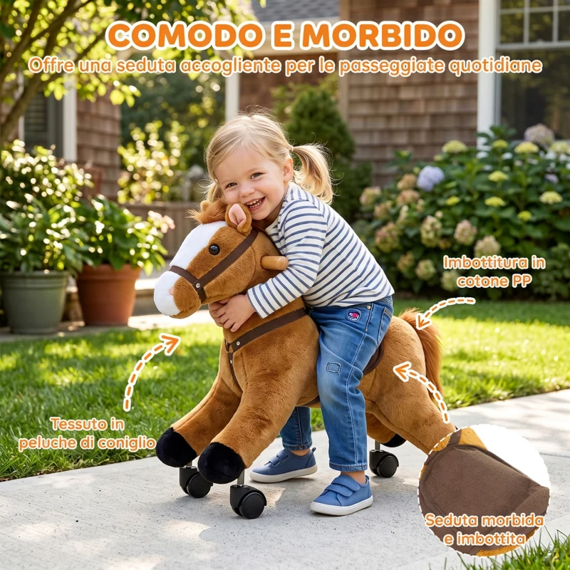 AIYAPLAY Cavallo Cavalcabile per Bambini con Suoni Realistici, Ruote Scorrevoli, Carico 50kg, 18-36 Mesi, Marrone