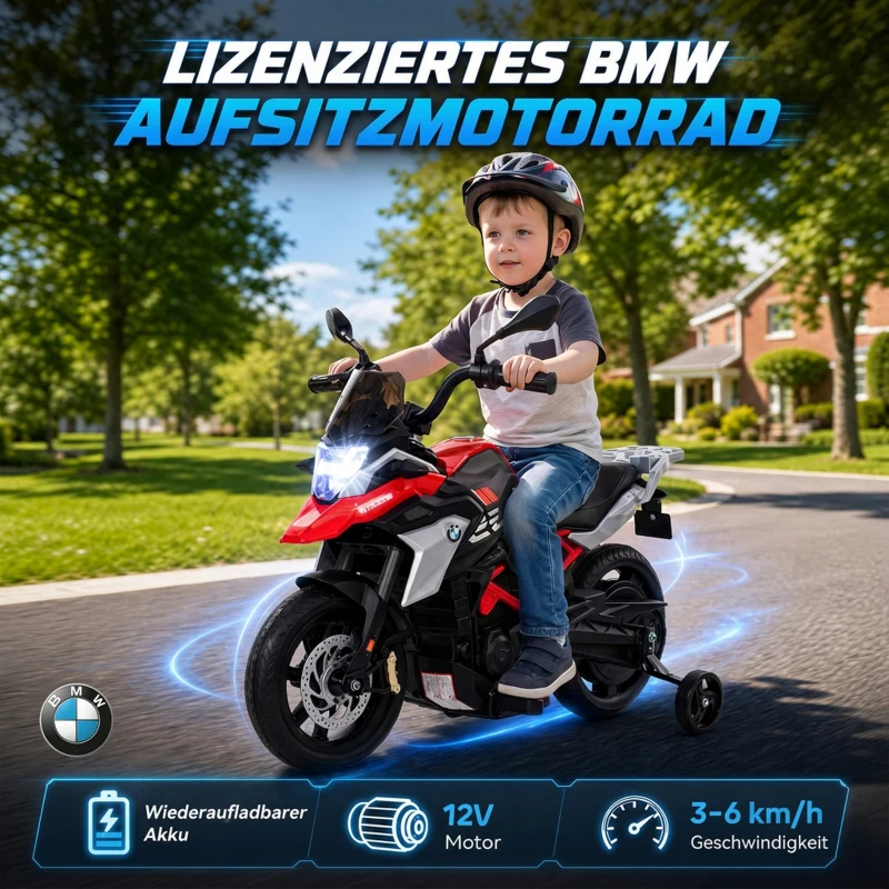 AIYAPLAY Elektryczny motocykl dziecięcy BMW 12V motocykl cross dla dzieci z akumulatorem litowym 35W silnik manetka gazu kółka pomocnicze siedzisko z PU do 6 km/h