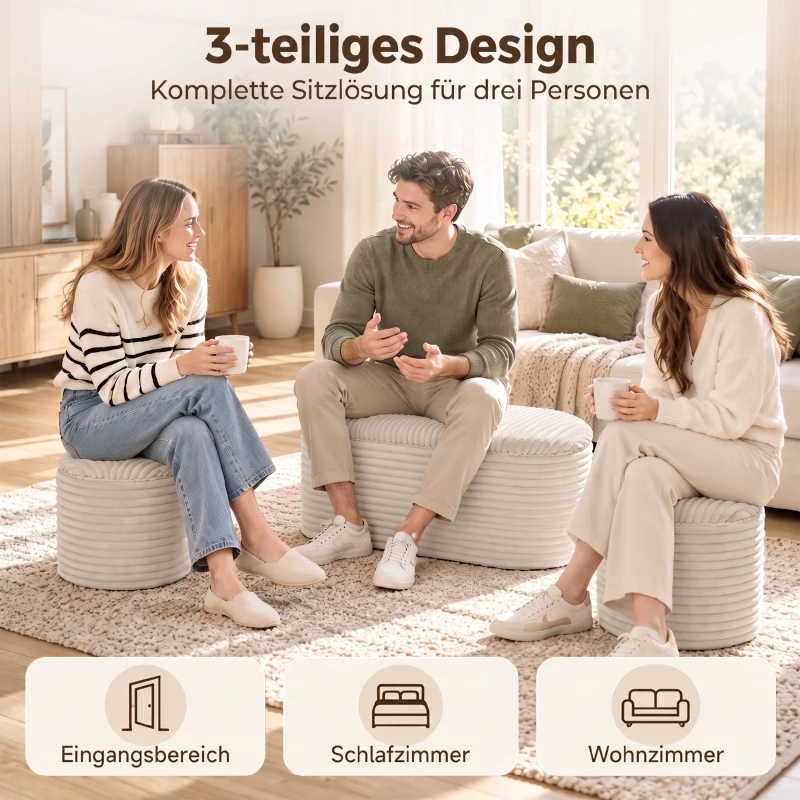HOMCOM Sitzbank mit Stauraum 3-teiliges ineinanderstellbares Cord Truhenbank Hocker Set Beige
