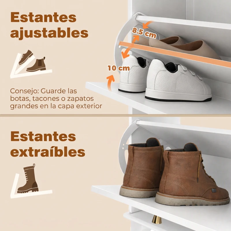 HOMCOM Mueble Zapatero Blanco Zapatero Estrecho con 2 Puertas Abatibles y 1 Cajón para 8-10 Pares de Zapatos 60x23,5x98,5 cm
