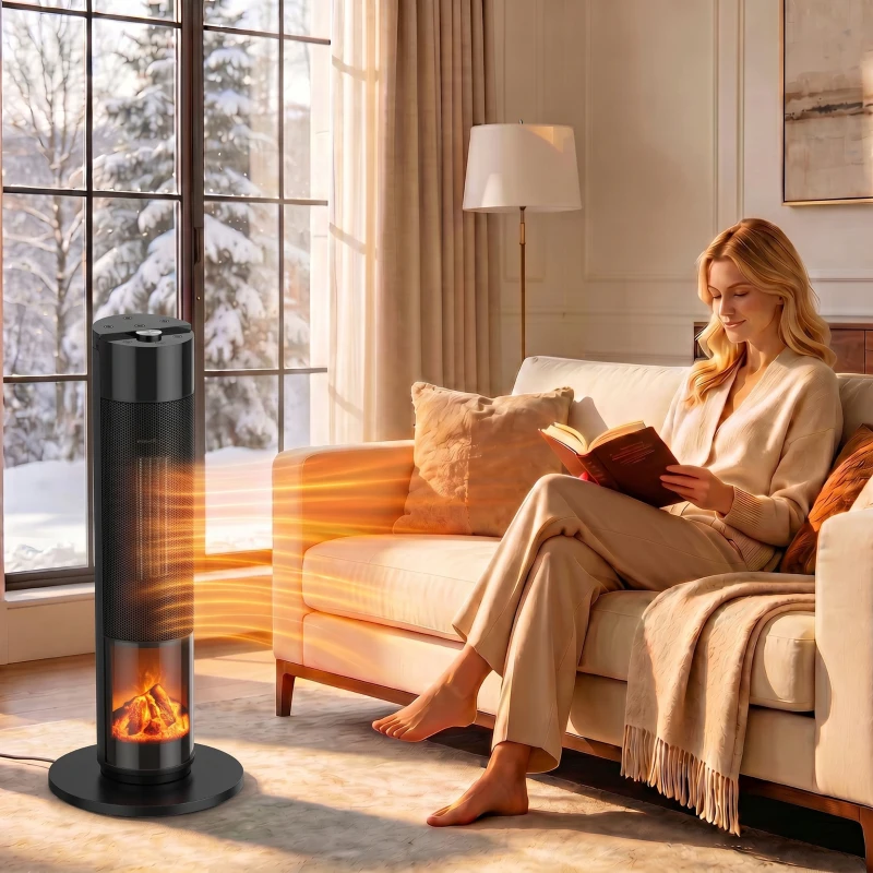 HOMCOM Calefactor Eléctrico Cerámico PTC 2000W con 5 Modos App Wi‑Fi Llama 3D Mando Protección Contra Sobrecalentamiento Negro