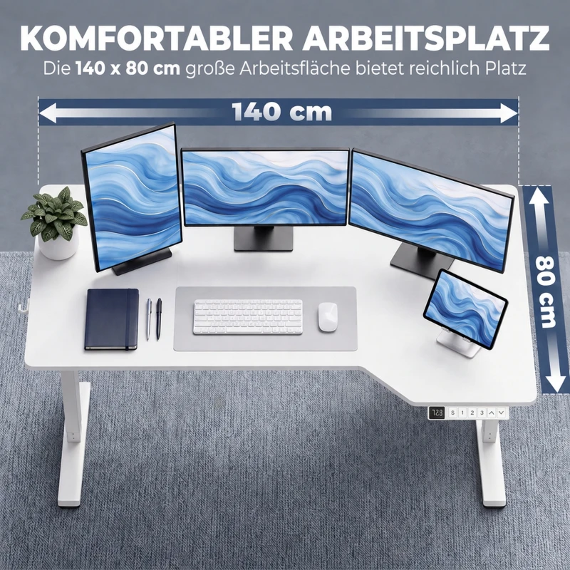 HOMCOM Elektrischer Eckschreibtisch, 3 Speicherplätze, Kabelmanagement, 2 Haken, L-Form, Weiß