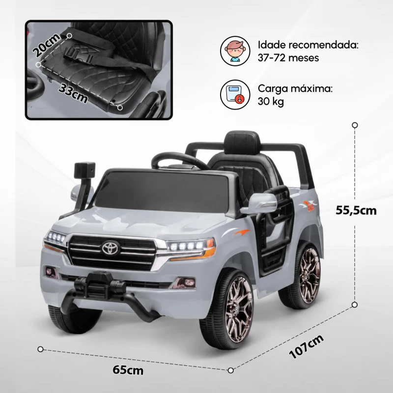 AIYAPLAY Carro Elétrico para Crianças Toyota Land Cruiser 12V com Faróis Buzina Arranque Lento e Música MP3 107x65x55,5 cm Cinza