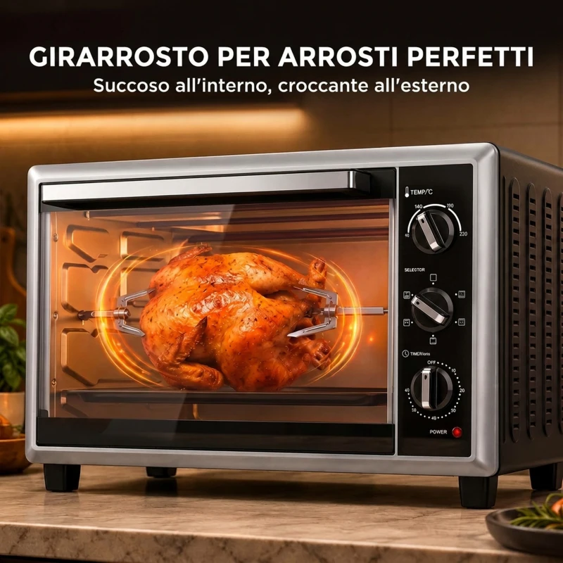 HOMCOM Fornetto Elettrico Ventilato 32L 1500W con Controllo Temperatura, Girarrosto e Timer, Nero
