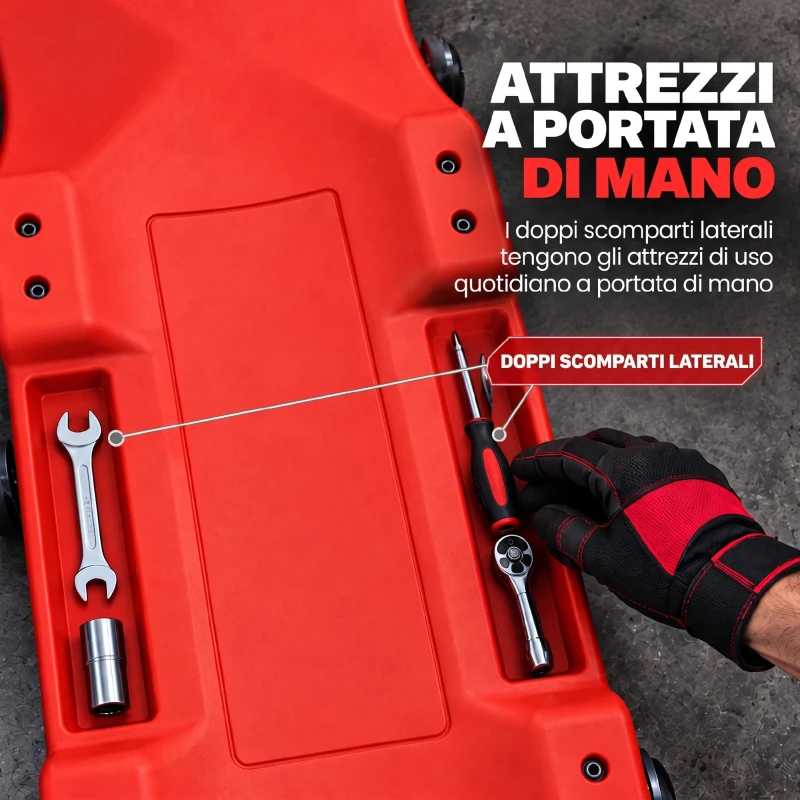 HOMCOM Carrello Sottoscocca Officina, Ribassato, Poggiatesta Imbottito, 2 Vassoi, 150 kg, Rosso