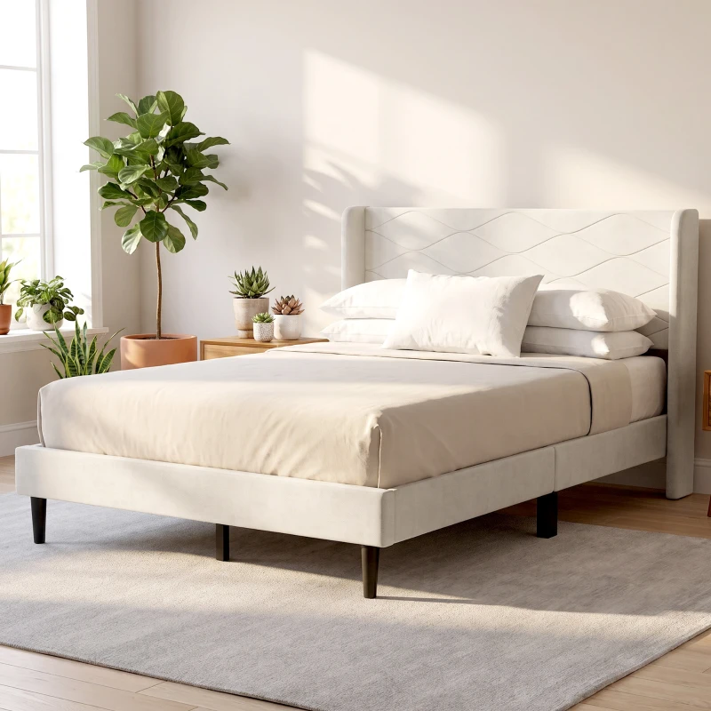 HOMCOM Cama Estofada 140x200 cm com Cabeceira Acolchoada com Abas em Veludo, Ripas de Madeira, Montagem Fácil, Bege