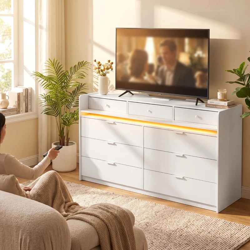 HOMCOM Chest of Drawers for Bedroom with LED Light & Charging Station, 9 Drawers Storage Unit/TV Stand, White