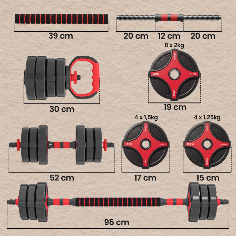 SPORTNOW Conjunto de Halteres Ajustáveis 5 em 1 30 kg Barra e Kettlebell