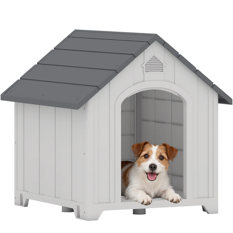 PawHut Niche pour chien extérieur, maison chien en polypropylène imperméable ventilé plancher surélevé 66x55x65cm gris clair