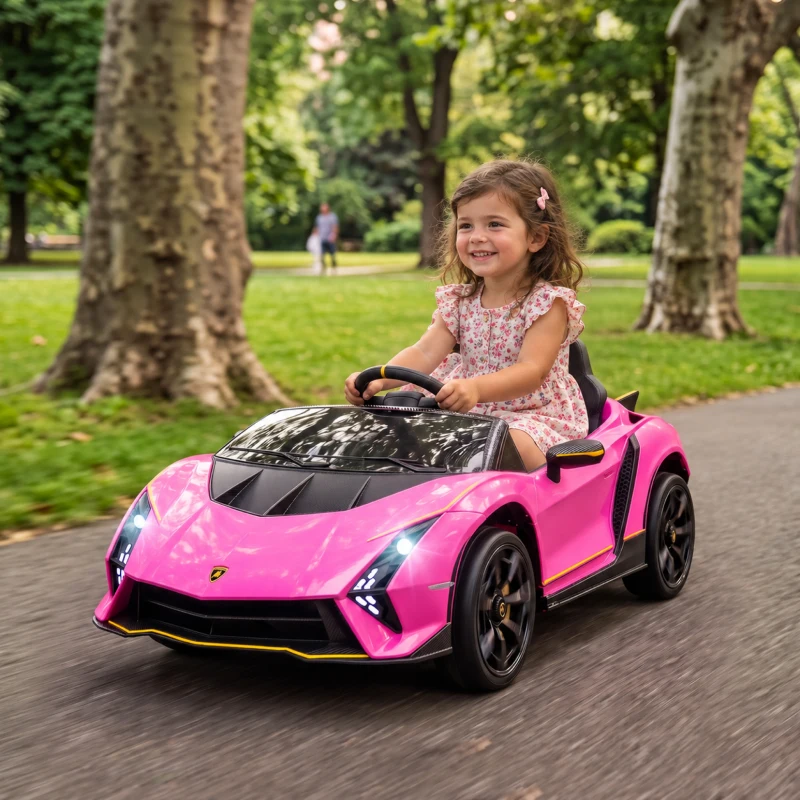 AIYAPLAY Carro Elétrico para Crianças Lamborghini 12V Controlo Remoto Faróis Buzina Arranque Lento e Música MP3 114,5x64x45,5 cm Rosa