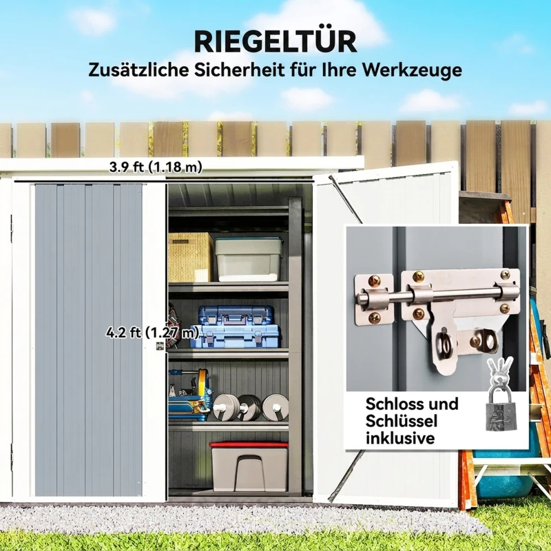 Outsunny Metall Gerätehaus 1,1 m², Geräteschuppen mit Pultdach Abschließbarer Doppeltüren, 147 x 86 x 134 cm