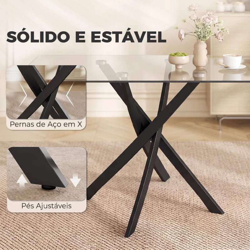 HOMCOM Mesa de Jantar Moderna para 6 Pessoas, Mesa de Cozinha com Tampo em Vidro 120x65 cm, Transparente e Preto