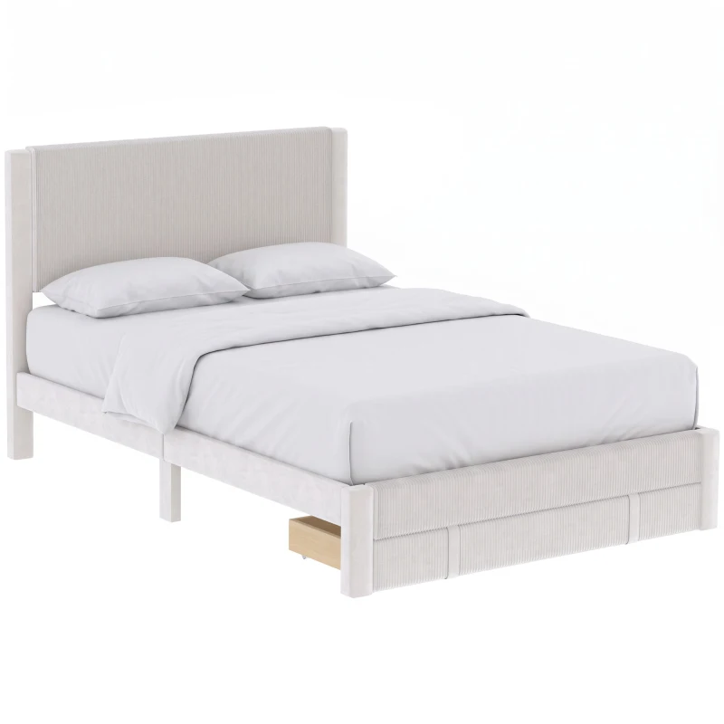 HOMCOM Pat Tapițat 140x200 cm cu Tăblie Căptușită și Sertar Depozitare Lamele de Lemn Asamblare Ușoară Bej