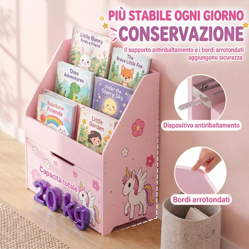 AIYAPLAY Libreria per bambini con cassetto mobile, 3 ripiani, 3-8 anni, Rosa