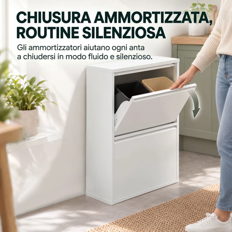 HOMCOM Pattumiera Differenziata a Ribalta 4x15L in Acciaio, 4 Secchi Rimovibili, Chiusura Ammortizzata, Bianco