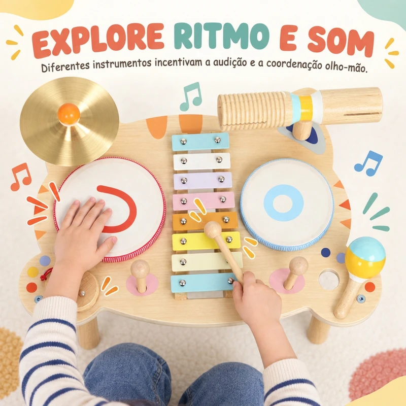 AIYAPLAY Bateria Infantil de Madeira Montessori com Xilofone, Prato, Maraca e Bloco Sonoro, Presente para Criança, 18 Meses-6 Anos