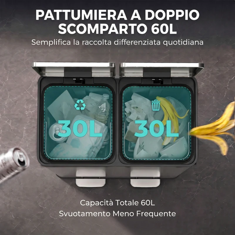 HOMCOM Pattumiera a Pedale 2 x 30L in Acciaio Inox con Secchi Estraibili e Chiusura Ammortizzata, Argento