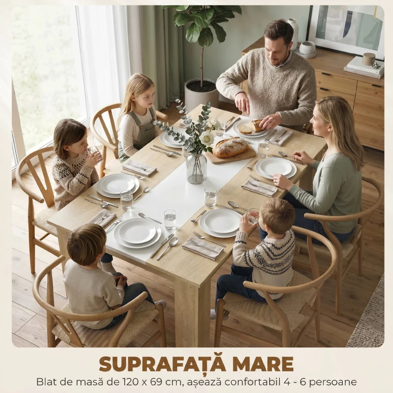 HOMCOM Masă de Dining Modernă 4-6 Locuri din Lemn pentru Living și Bucătărie, 120x69x75 cm, Alb și Lemn Natur