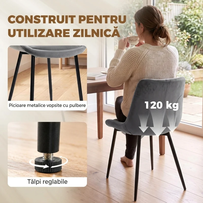 HOMCOM Set 2 Scaune de Dining din Catifea pentru Bucătărie, Gri Închis