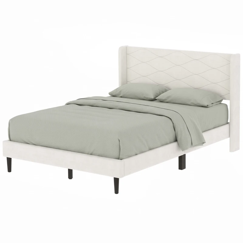 HOMCOM Cama Estofada 140x200 cm com Cabeceira Acolchoada com Abas em Veludo, Ripas de Madeira, Montagem Fácil, Bege