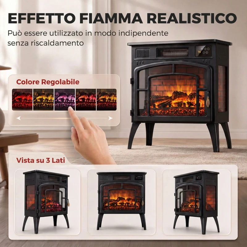 HOMCOM Camino Elettrico da Terra 1000/2000W WiFi Vista su Tre Lati, Fiamma 3D, Termostato Regolabile, Timer, 30㎡, Nero
