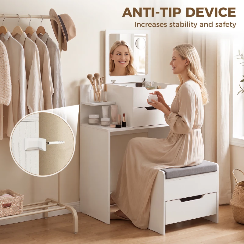 HOMCOM Vanity Desk Flip Top Hidden Mirror Vanity Rolling Stool Open Shelf White Wood Effect