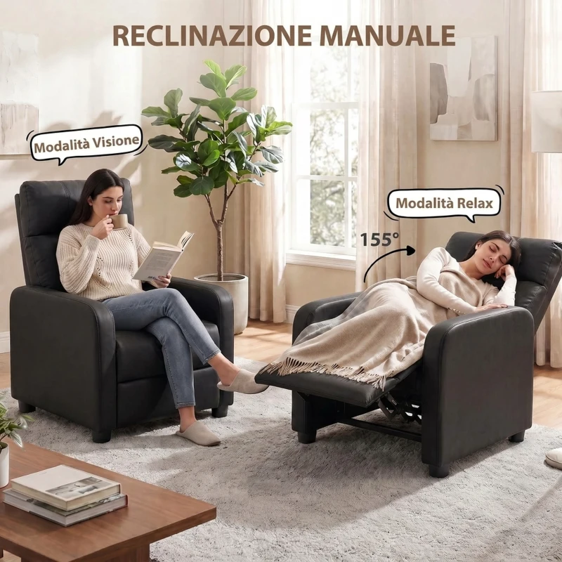HOMCOM Poltrona Relax Reclinabile Manuale 155° con Poggiapiedi in Pelle PU per Soggiorno e Camera da Letto, Nero