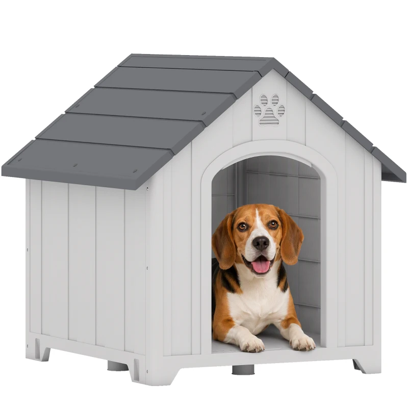 PawHut Niche pour chien extérieur, maison chien en polypropylène imperméable ventilé plancher surélevé 76x66x77cm gris clair