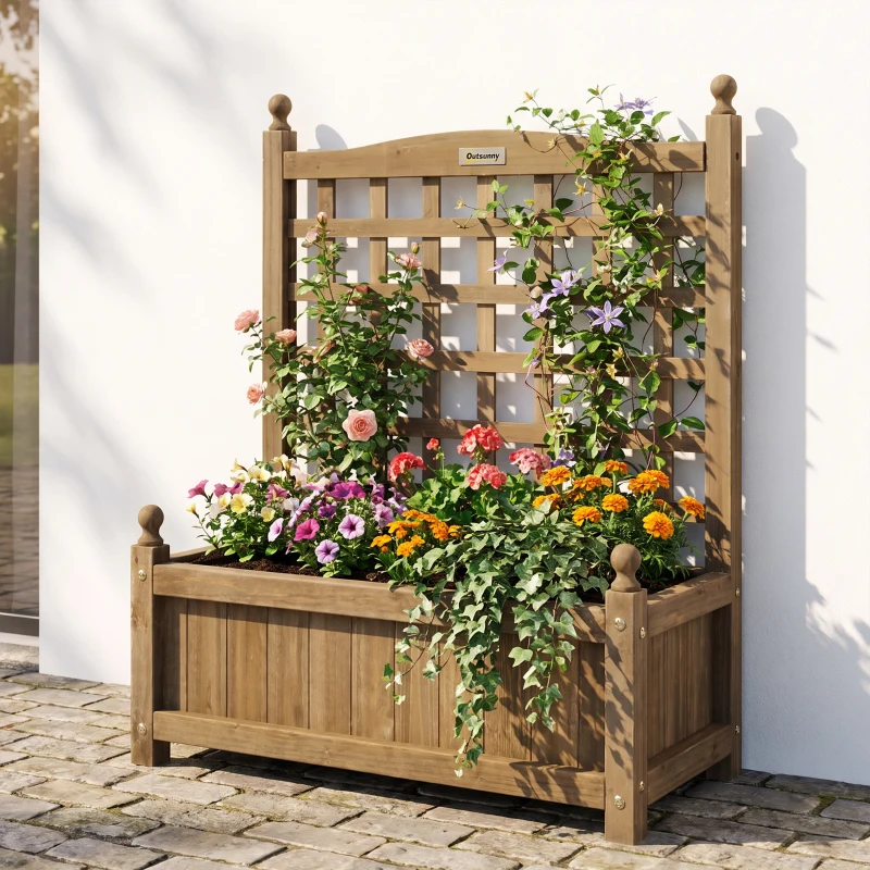 Outsunny Jardinière avec treillis bac à fleurs jardinière sur pied 64 x 28 x 75 cm inserts d'irrigation bois massif
