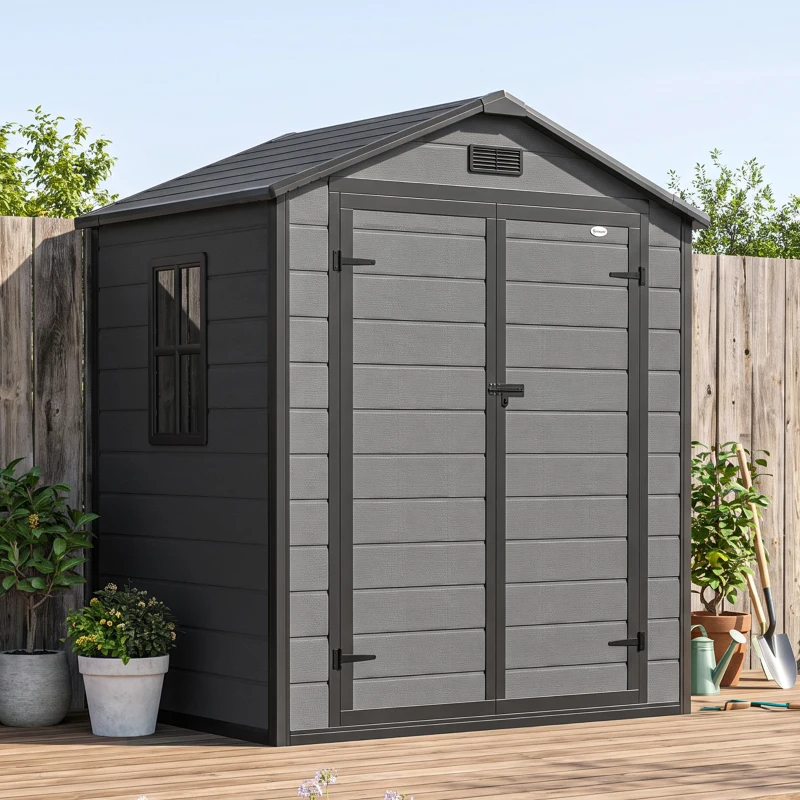 Outsunny 6'x4.5' Garden Storage Shed, Lockable Garden Shed with Double Doors, Window, Vent and Plastic Roof, Dark Grey