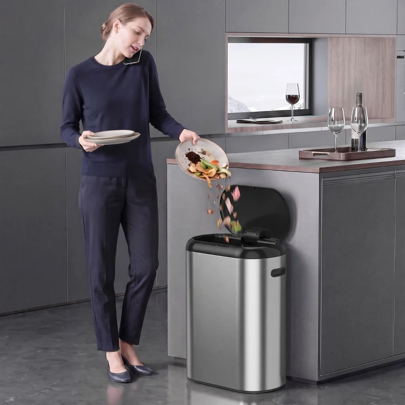 HOMCOM Pattumiera Automatica con Sensore a Infrarossi 50 L in Acciaio Inox Anti-Impronta, Chiusura Ammortizzata, Argento