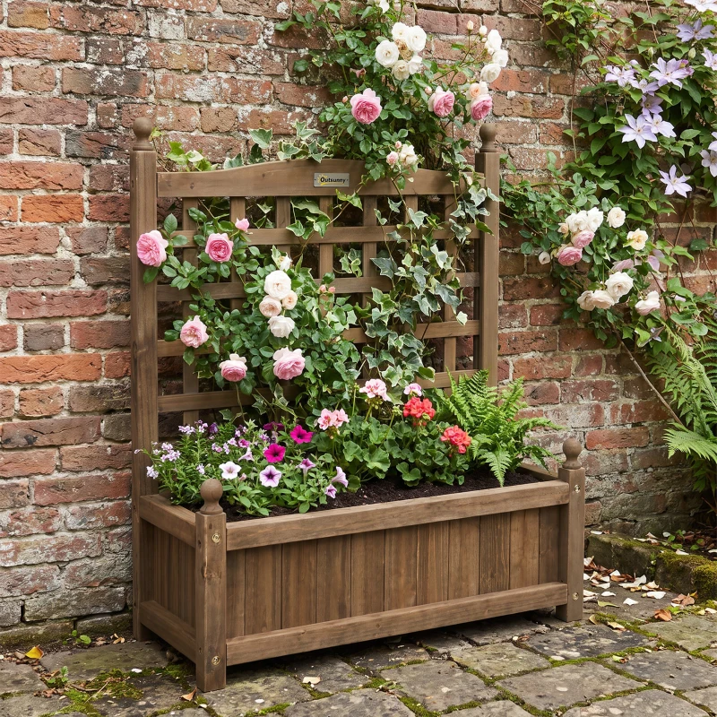 Outsunny Jardinière avec treillis bac à fleurs jardinière sur pied 64 x 28 x 75 cm inserts d'irrigation bois massif