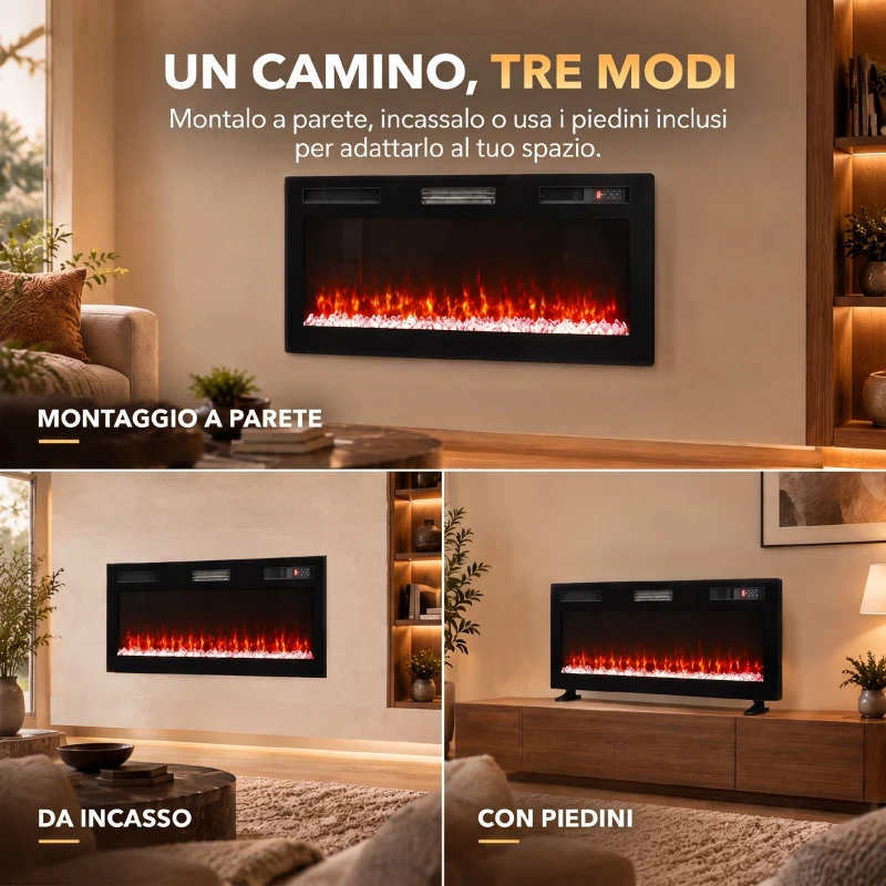 HOMCOM Camino Elettrico da Incasso, Parete e Terra Slim 102 cm con Telecomando, 900/1800W, Timer, 35㎡ Nero
