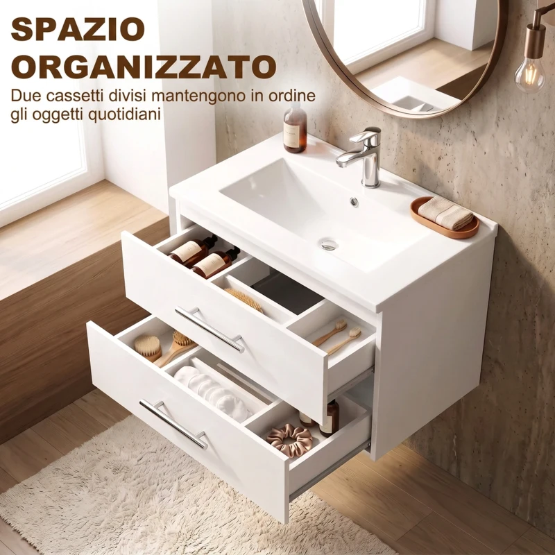 HOMCOM Mobile Bagno con Lavabo in Ceramica e 2 Cassetti, 61x40x48 cm, Bianco