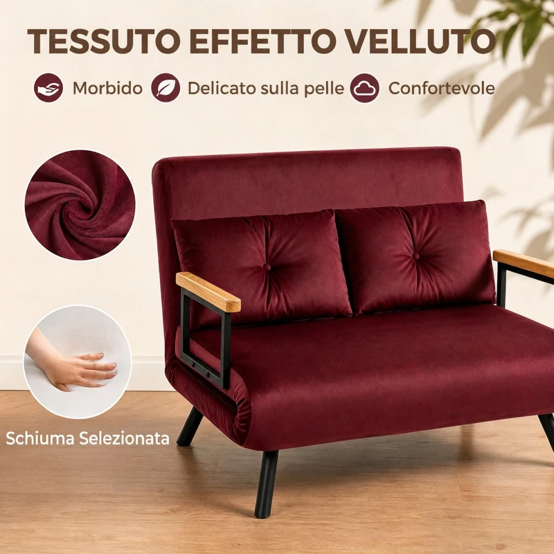 HOMCOM Divano Letto 3 in 1 in Tessuto Effetto Velluto con Schienale Regolabile e 2 Cuscini, 102x73x81 cm, Rosso Vino