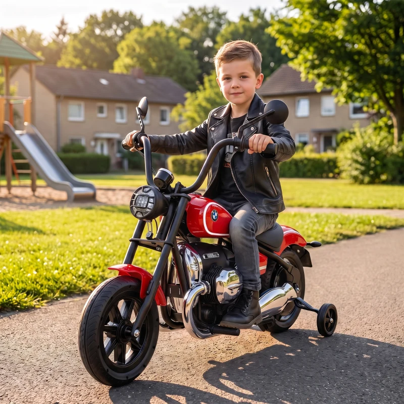 AIYAPLAY Moto Elettrica per Bambini 12V BMW R18, Batteria al Litio, 3-8 Anni, Rotelle Rimovibili, Faro, Musica, Rossa